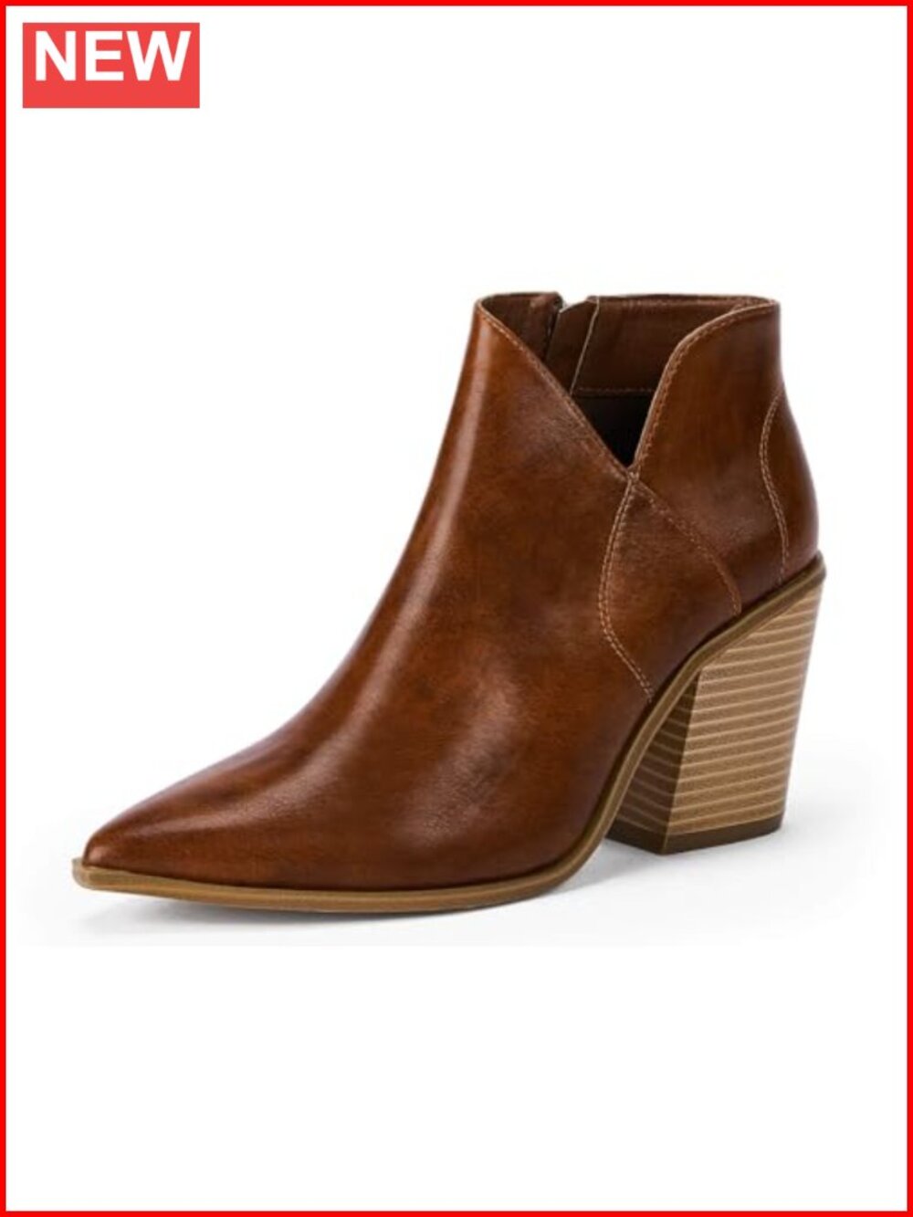 Pointed Toe Ankle Boots Block Chunky Heel Cutout Side Zipper Faux Leather